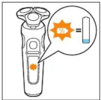Diagram showing a hairdryer with an orange star-shaped mark and a thought bubble indicating percentage value, alongside a battery symbol.