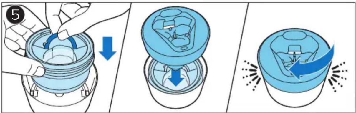 Diagram illustrating three-step cleaning process of a mechanical component, showing step 5 with hand placement and blue arrows indicating removal or retraction.