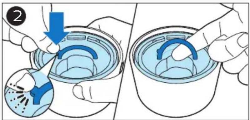Diagram illustrating a procedure for removing a component, showing step 2 with blue arrows and magnified view of the component.