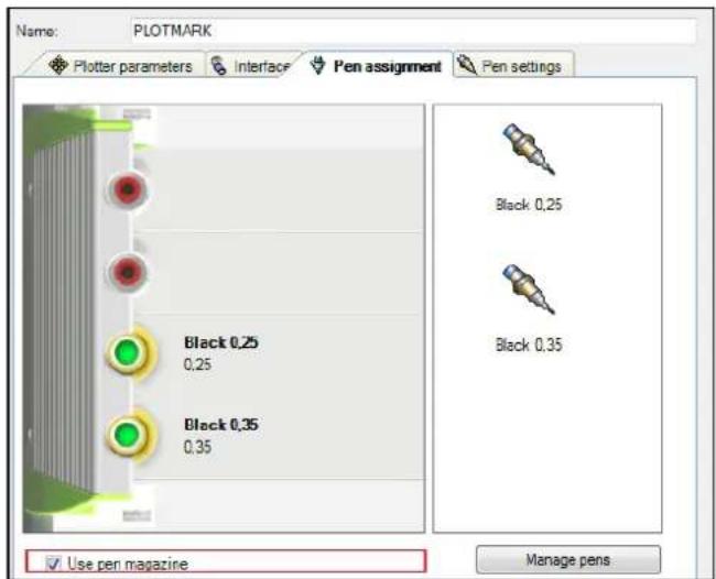 Name: PLOTMARK Plotter parameters Interface Pen assignment Pen settings Black 0.25 0,25 Black 0,35 0,35 Use pen magazine Manage pens