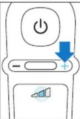 Diagram of a remote control panel with power and display indicators, showing a blue downward arrow and plus/minus symbols.