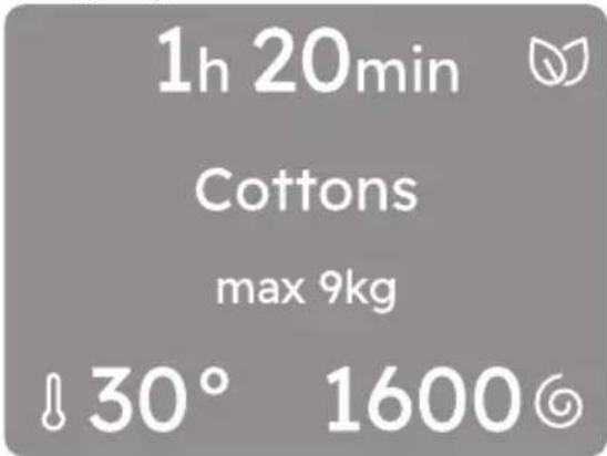 1h 20min Cottons max 9kg 30° 1600