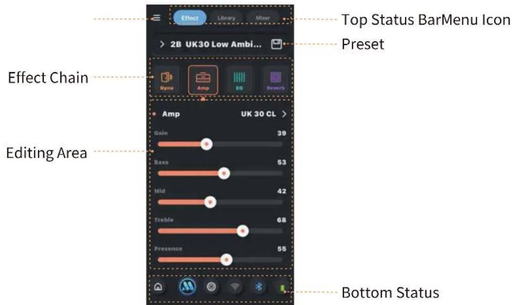 Effect Library Mixer 2B UK30 Low Ambi... Top Status BarMenu Icon Preset Effect Chain Dynx Amp EQ Rewert Editing Area Amp UK 30 CL > Gain 39 Bass 53 Mid 42 Treble 68 Presence 55 Bottom Status