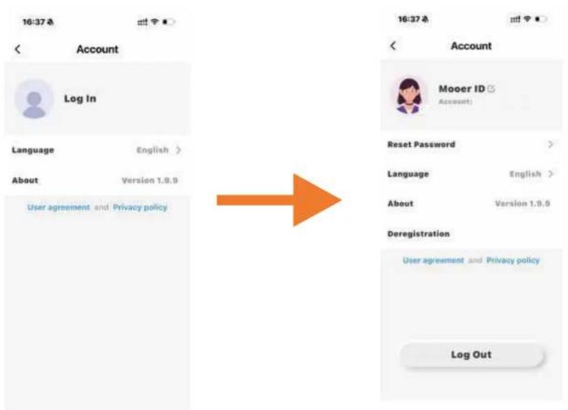 16:37 A Account Log In Language English > About Version 1.9.0 User agreement and Privacy policy 16:37 A Account Mooer ID Account Reset Password > Language English > About Version 1.9.0 Deregistration User agreement and Privacy policy Log Out