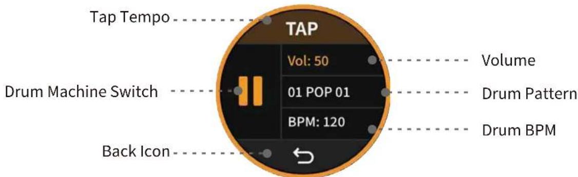 Tap Tempo TAP Volume Vol: 50 01 POP 01 BPM: 120 Drum Machine Switch Drum Pattern Drum BPM Back Icon