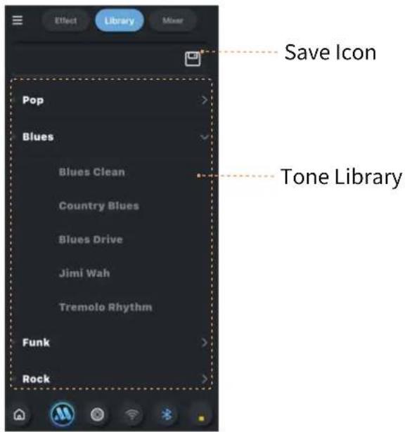 Effect Library Mixer Pop Blues Blues Clean Country Blues Blues Drive Jimi Wah Tremolo Rhythm Funk Rock Save Icon Tone Library