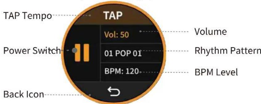 TAP Tempo Power Switch Back Icon TAP Vol: 50 01 POP 01 BPM: 120 Volume Rhythm Pattern BPM Level