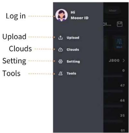 Log in Upload Clouds Setting Tools Hi Mooer ID Upload Clouds Setting Tools J800 > 0 47 44 35 51