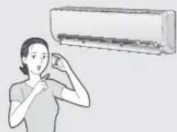 Illustration of a person using a handheld air conditioner (no text or symbols visible)