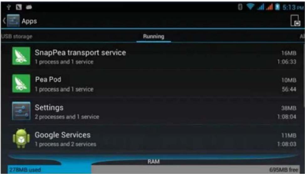 Apps USB storage Running SnapPea transport service 1 process and 1 service 16MB 1:06:33 Pea Pod 1 process and 1 service 10MB 56:44 Settings 2 processes and 1 service 38MB 1:08:04 Google Services 1 process and 2 services 11MB 1:08:03 RAM 278MB used 695MB free