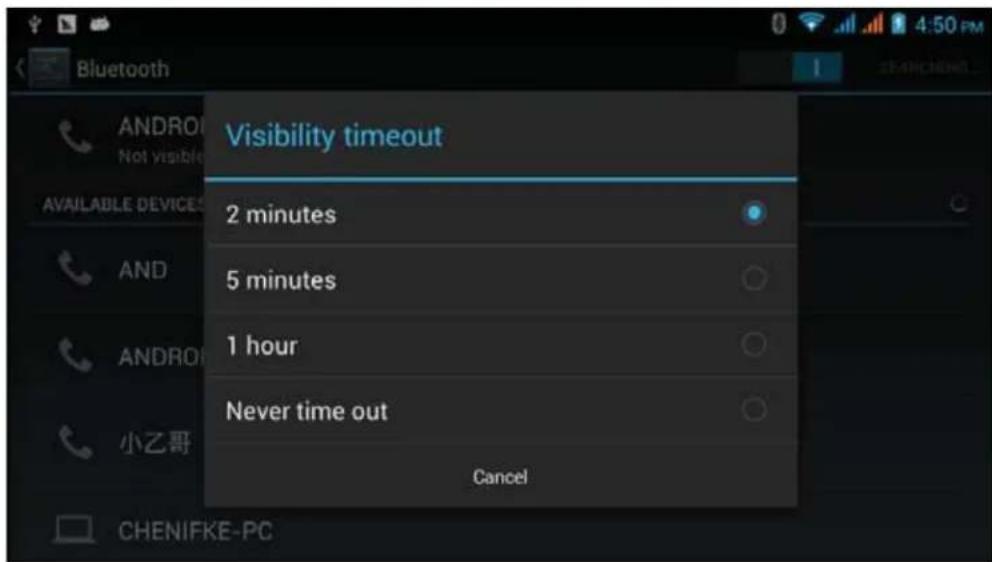 Bluetooth Not visible Availability Device AND ANDRO 小乙哥 CHENIFKE-PC Visibility timeout 2 minutes 5 minutes 1 hour Never time out Cancel