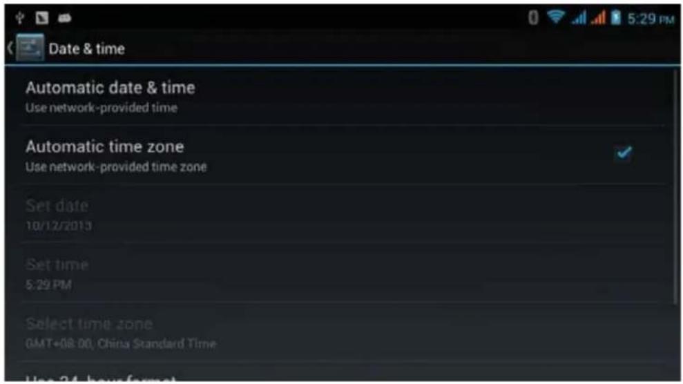 Date & time Automatic date & time Use network-provided time Automatic time zone Use network-provided time zone Set date 10/12/2015 Set time 5:29 PM Select time zone GMT+08:00, China Standard Time