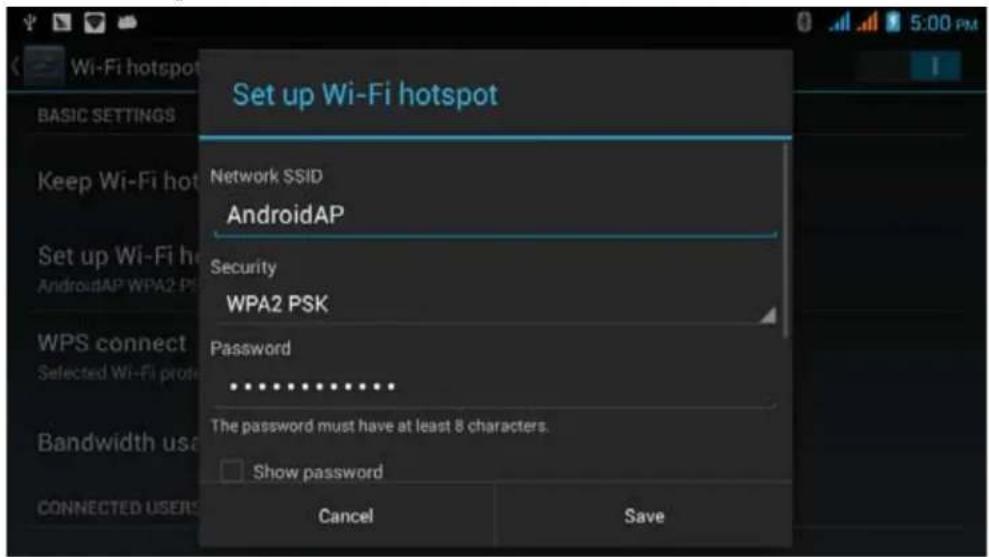 Set up Wi-Fi hotspot Network SSID AndroidAP Security WPA2 PSK Password .......... The password must have at least 8 characters. Show password Cancel Save