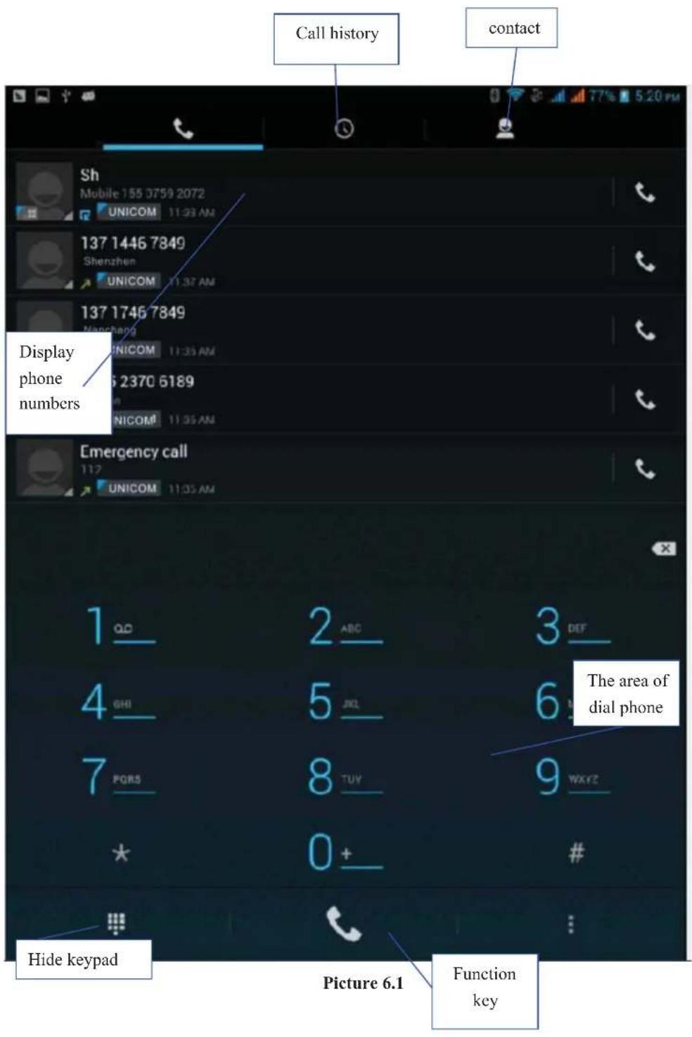 Call history contact Display phone numbers Emergency call 112 UNICOM 11:35 AM 1 QD 2 ABC 3 DEF 4 GHI 5 JKL 6 The area of dial phone 7 PGRS 8 TUY 9 WXYE * 0+# Hide keypad Picture 6.1 Function key