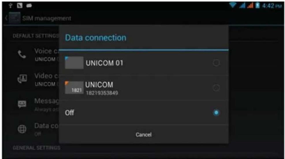 SIM management DEFAULT SETTINGS Data connection UNICOM 01 UNICOM 1821 18219353849 Off Cancel GENERAL SETTINGS