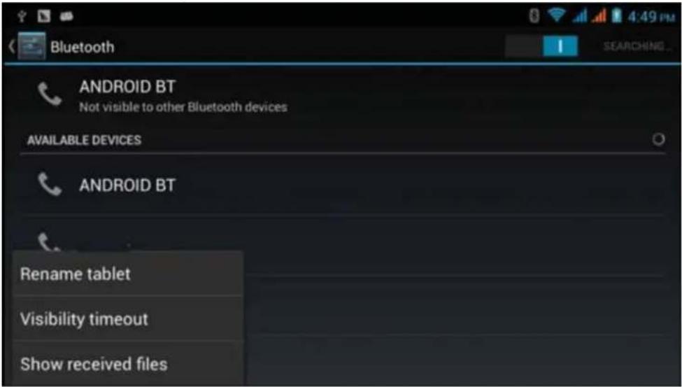 Bluetooth ANDROID BT Not visible to other Bluetooth devices AVAILABLE DEVICES ANDROID BT Rename tablet Visibility timeout Show received files
