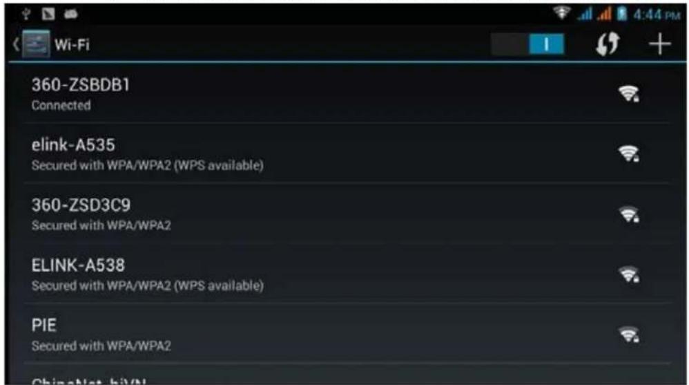 360-ZSBDB1 Connected elink-A535 Secured with WPA/WPA2 (WPS available) 360-ZSD3C9 Secured with WPA/WPA2 ELINK-A538 Secured with WPA/WPA2 (WPS available) PIE Secured with WPA/WPA2 ChinaNet hiW