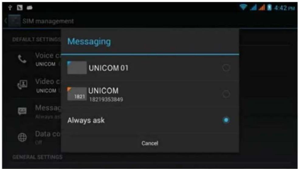 SIM management DEFAULT SETTINGS Voice c UNICOM Video c UNICOM Message Always ask Data co OFF GENERAL SETTINGS Messaging UNICOM 01 UNICOM 1821 18219353849 Always ask Cancel