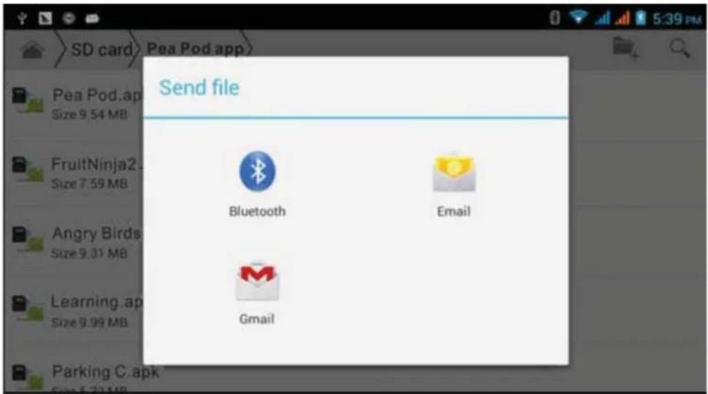 SD card Pea Pod app Send file Pea Pod.ap Size 9.54 MB FruitNinja2. Size 7.39 MB Angry Birds Size 9.31 MB Learning.ap Size 9.99 MB Parking C.apk