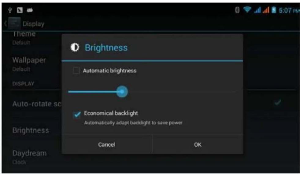 Display Theme Default Wallpaper Default DISPLAY Auto-rotate sc Brightness Daydream Clock Brightness Automatic brightness Economical backlight Automatically adapt backlight to save power Cancel OK