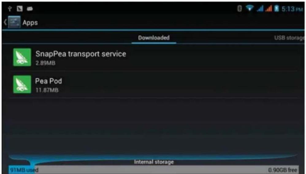 Apps Downloaded USB storage SnapPea transport service 2.89MB Pea Pod 11.87MB Internal storage 91MB used 0.90GB free