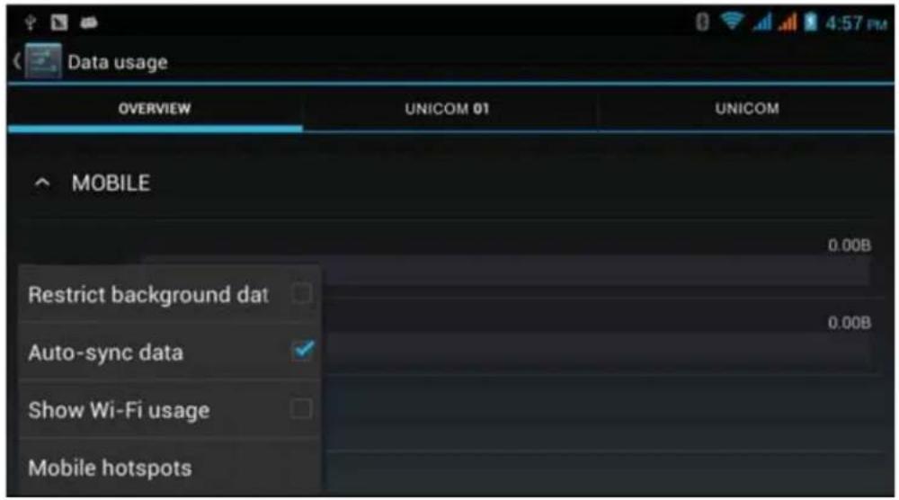 Data usage OVERVIEW UNICOM 01 UNICOM MOBILE Restrict background dat Auto-sync data Show Wi-Fi usage Mobile hotspots 0.00B 0.00B