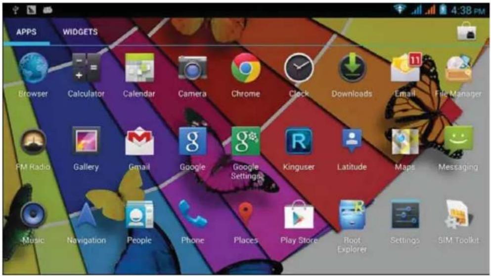 4:38 PM APPS WIDGETS Browser Calculator Calendar Camera Chrome Clock Downloads Email File Manager FM Radio Gallery Gmail Google Google Settings Kinguser Latitude Maps Messaging Music Navigation People Phone Places Play Store Root Explorer Settings SIM Toolkit