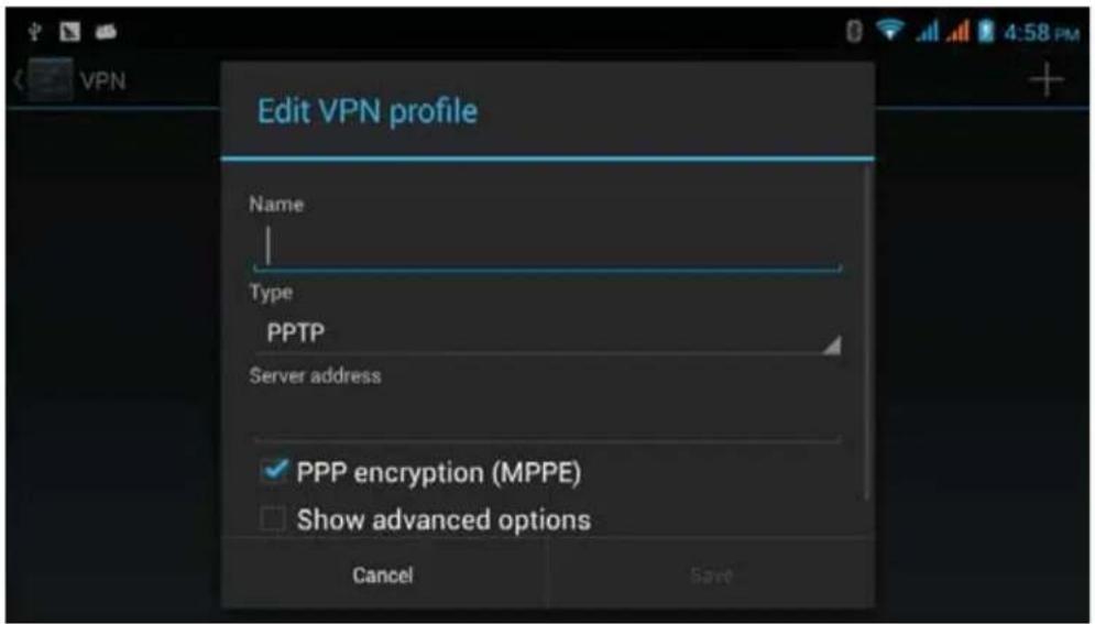Edit VPN profile Name | Type PPTP Server address ✓ PPP encryption (MPPE) □ Show advanced options Cancel Save