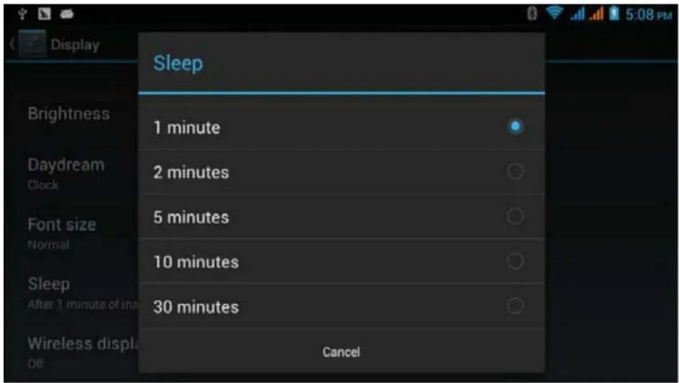 Sleep 1 minute 2 minutes 5 minutes 10 minutes 30 minutes Wireless display Off Cancel