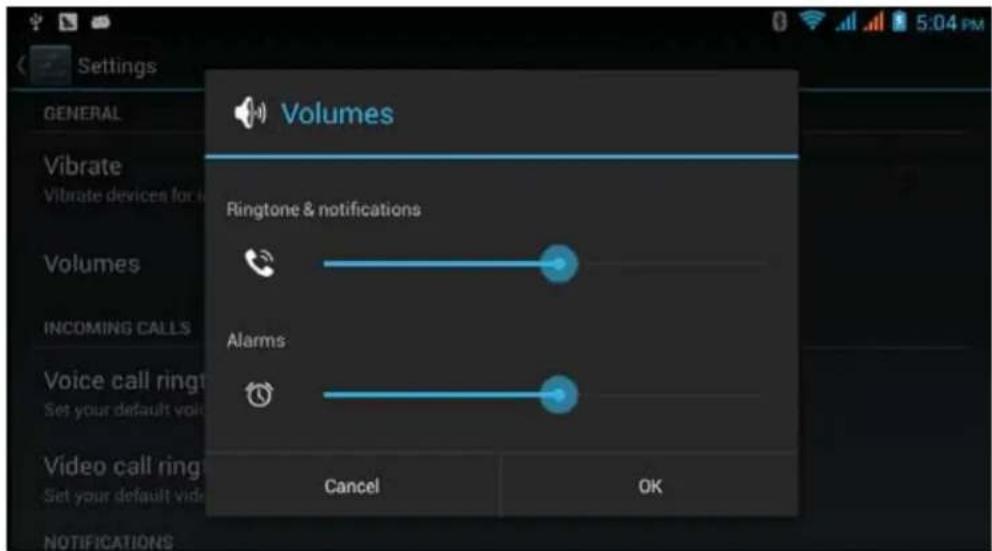 Settings GENERAL Vibrate Vibrate devices for Volumes INCOMING CALLS Voice call ringt Set your default void Video call ringt Set your default video NOTIFICATIONS Volumes Ringtone & notifications Alarms Cancel OK