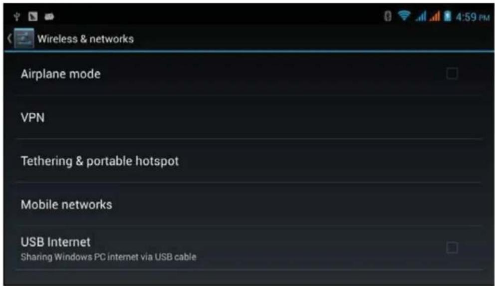 Wireless & networks Airplane mode VPN Tethering & portable hotspot Mobile networks USB Internet Sharing Windows PC internet via USB cable