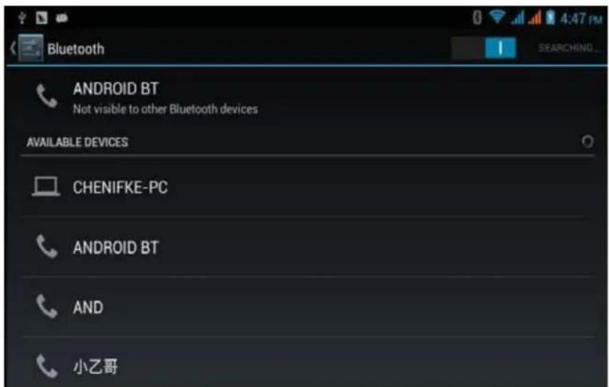 Bluetooth ANDROID BT Not visible to other Bluetooth devices AVAILABLE DEVICES CHENIFKE-PC ANDROID BT AND 小乙哥