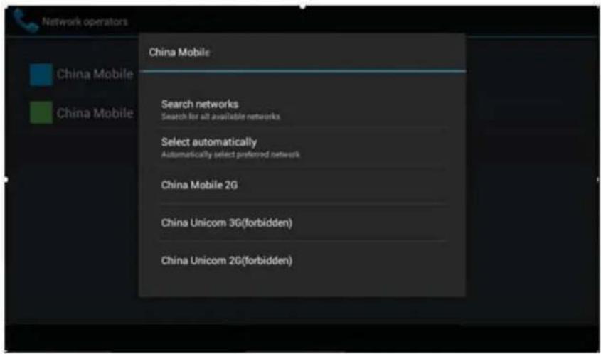 Network operators China Mobile Search networks Search for all available networks Select automatically Automatically select preferred network China Mobile 2G China Unicom 3G(forbidden) China Unicom 2G(forbidden)