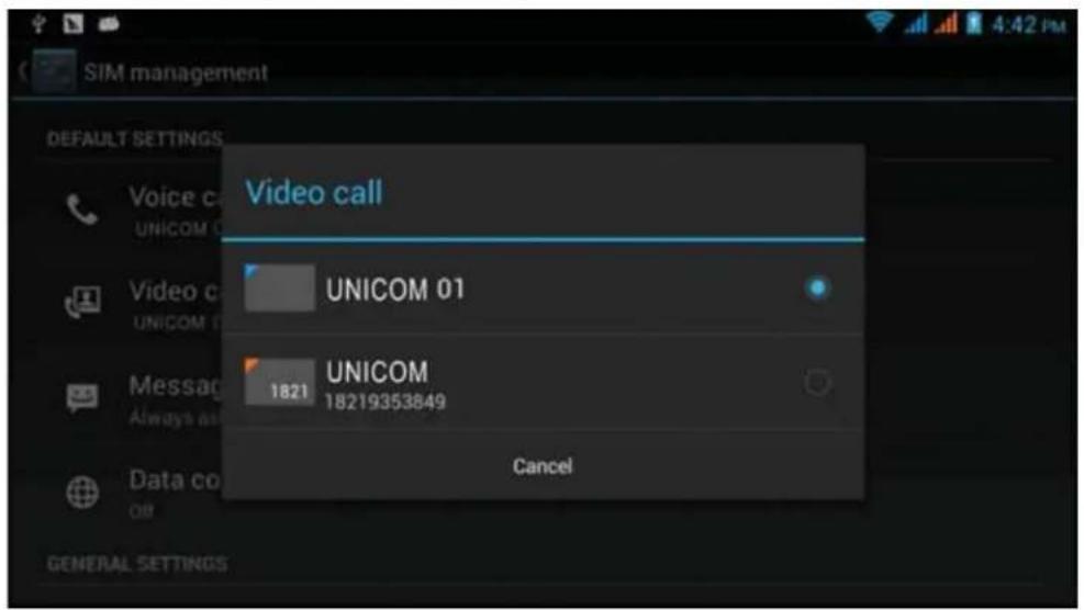 SIM management DEFAULT SETTINGS Voice call UNICOM 01 Video call UNICOM 01 1821 18219353849 Message Always as Data co OR Cancel GENERAL SETTINGS