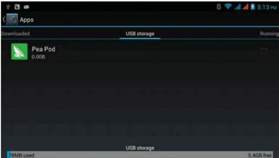 Apps Downloaded USB storage Running Pea Pod 0.00B USB storage 78MB used 5.4GB free