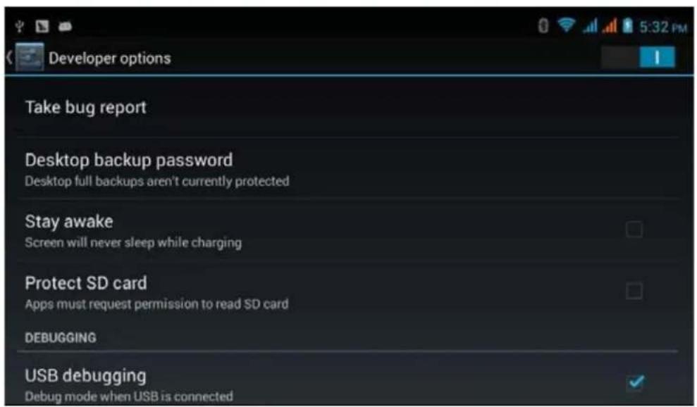 Developer options Take bug report Desktop backup password Desktop full backups aren't currently protected Stay awake Screen will never sleep while charging Protect SD card Apps must request permission to read SD card DEBUGGING USB debugging Debug mode when USB is connected