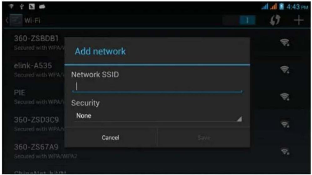 Add network Network SSID | Security None Cancel Save