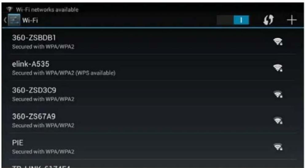 Wi-Fi networks available Wi-Fi 360-ZSBDB1 Secured with WPA/WPA2 elink-A535 Secured with WPA/WPA2 (WPS available) 360-ZSD3C9 Secured with WPA/WPA2 360-ZS67A9 Secured with WPA/WPA2 PIE Secured with WPA/WPA2
