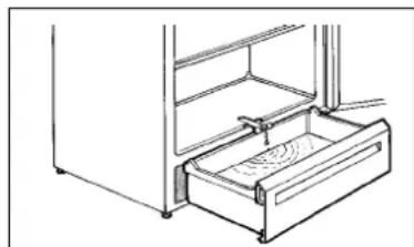 Line drawing of a refrigerator with an open drawer and handle (no text or symbols)