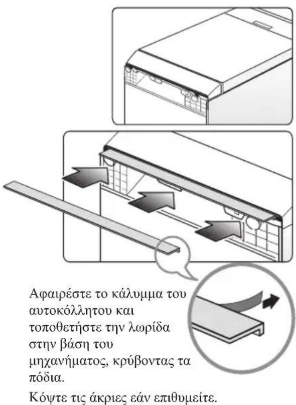 Αφαιρέστε το κάλυμμα του αυτοκόλλητου και τοποθετήστε την λωρίδα στην βάση του μηχανήματος, κρύβοντας τα πόδια. Κόψτε τις άκριες εάν επιθυμείτε.