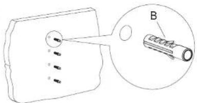 Diagram showing a device with four pins and a magnified view labeled B, likely illustrating a mechanical or electrical component.