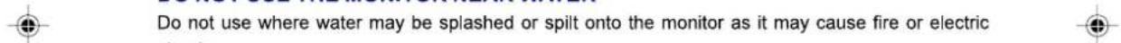 Do not use where water may be splashed or spilt onto the monitor as it may cause fire or electric shock.