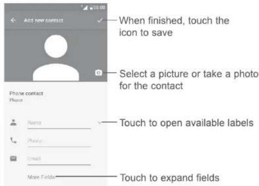 Add new contact When finished, touch the icon to save Select a picture or take a photo for the contact Phone contact Phone Name Photo Email Make Fields Touch to open available labels Touch to expand fields