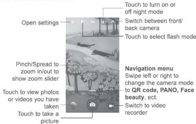 Open settings Pinch/Spread to zoom in/out to show zoom slider Touch to view photos or videos you have taken Touch to take a picture Touch to turn on or off night mode Switch between front/back camera Touch to select flash mode Navigation menu Swipe left or right to change the camera mode to QR code, PANO, Face beauty, ect. Switch to video recorder