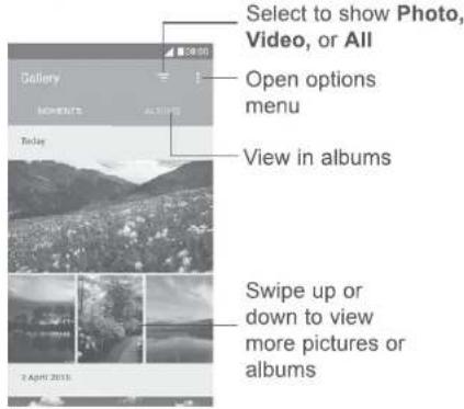 Select to show Photo, Video, or All Open options menu View in albums Swipe up or down to view more pictures or albums