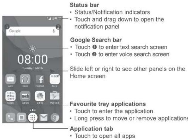 Status bar • Status/Notification indicators • Touch and drag down to open the notification panel Google Search bar • Touch ① to enter text search screen • Touch ② to enter voice search screen Slide left or right to see other panels on the Home screen Favourite tray applications • Touch to enter the application • Long press to move or remove applications Application tab • Touch to open all apps