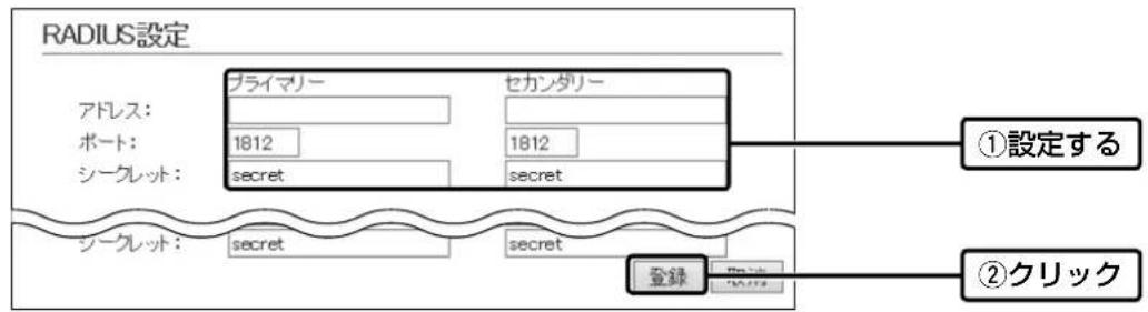 RADIUS設定 アドレス: ポート: シークレット: プライマリー 1812 secret セカンダリー 1812 secret シークレット: secret secret 登録 ①設定する ②クリック