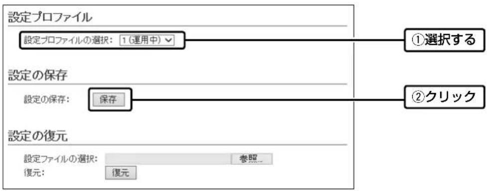 設定プロファイル 設定プロファイルの選択: 1(運用中) ▼ ①選択する 設定の保存 設定の保存: 保存 ②クリック 設定の復元 設定ファイルの選択: 参照 復元: 復元