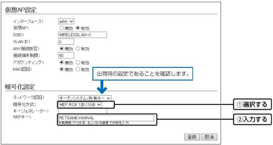 仮想AP設定 インターフェース: ath0 仮想AP: ○無効 ●有効 SSID: WIRELESSLAN-0 VLAN ID: 0 ANY接続拒否: ●無効 ○有効 接続端末制限: 63 アカウンティング: ●無効 ○有効 MAC認証: ●無効 ○有効 出荷時の設定であることを確認します。 暗号化設定 ネットワーク認証: オープンシステム/共有キー 暗号化方式: WEP RC4 128 (104) キージェネレーター: WEPキー: RETSAMEVAWNAL 手角英数で13文字、もしくは16連数で26桁を入力 ①選択する ②入力する 登録 取消