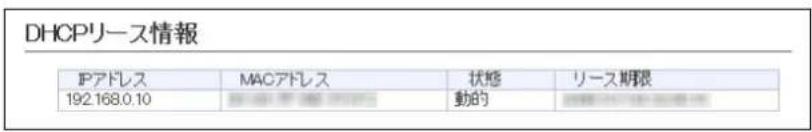 DHCPリース情報 IPアドレス MACアドレス 状態 リース期限 192.168.0.10 動的